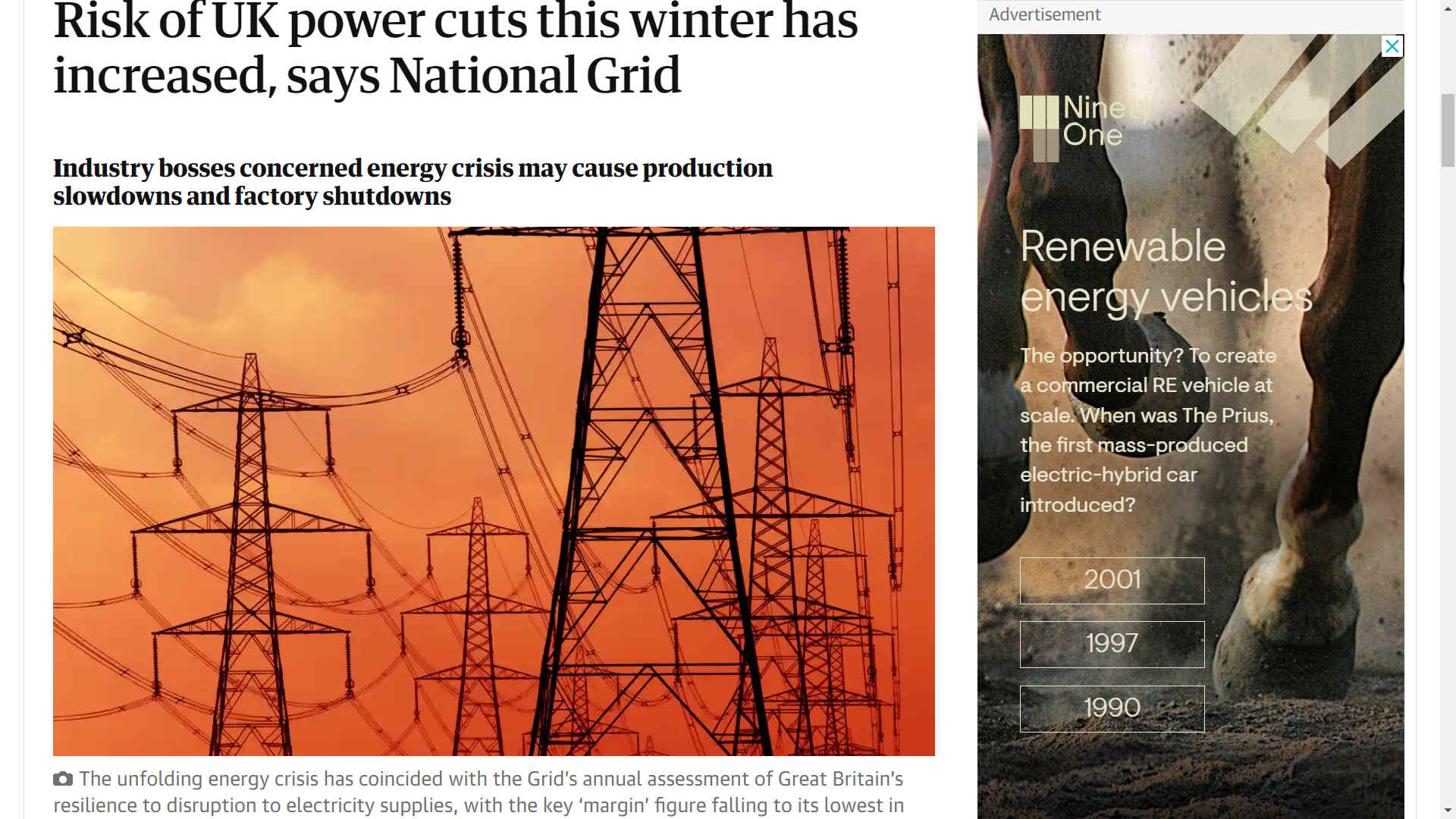 Guardian October 2021, risk of power cuts increased says National Grid