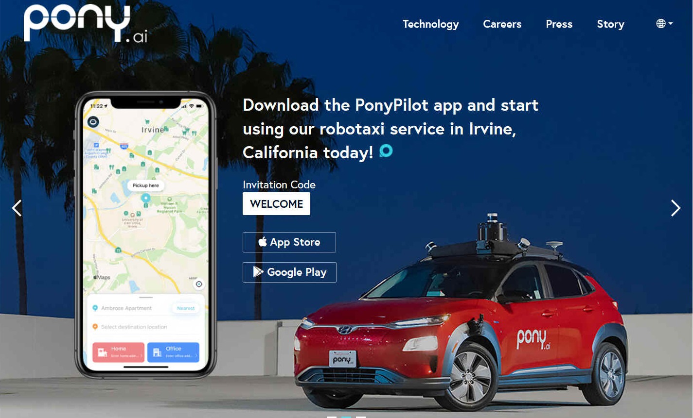 Download the PonyPilot smartphone app for their robotaxi service in Irvine, California