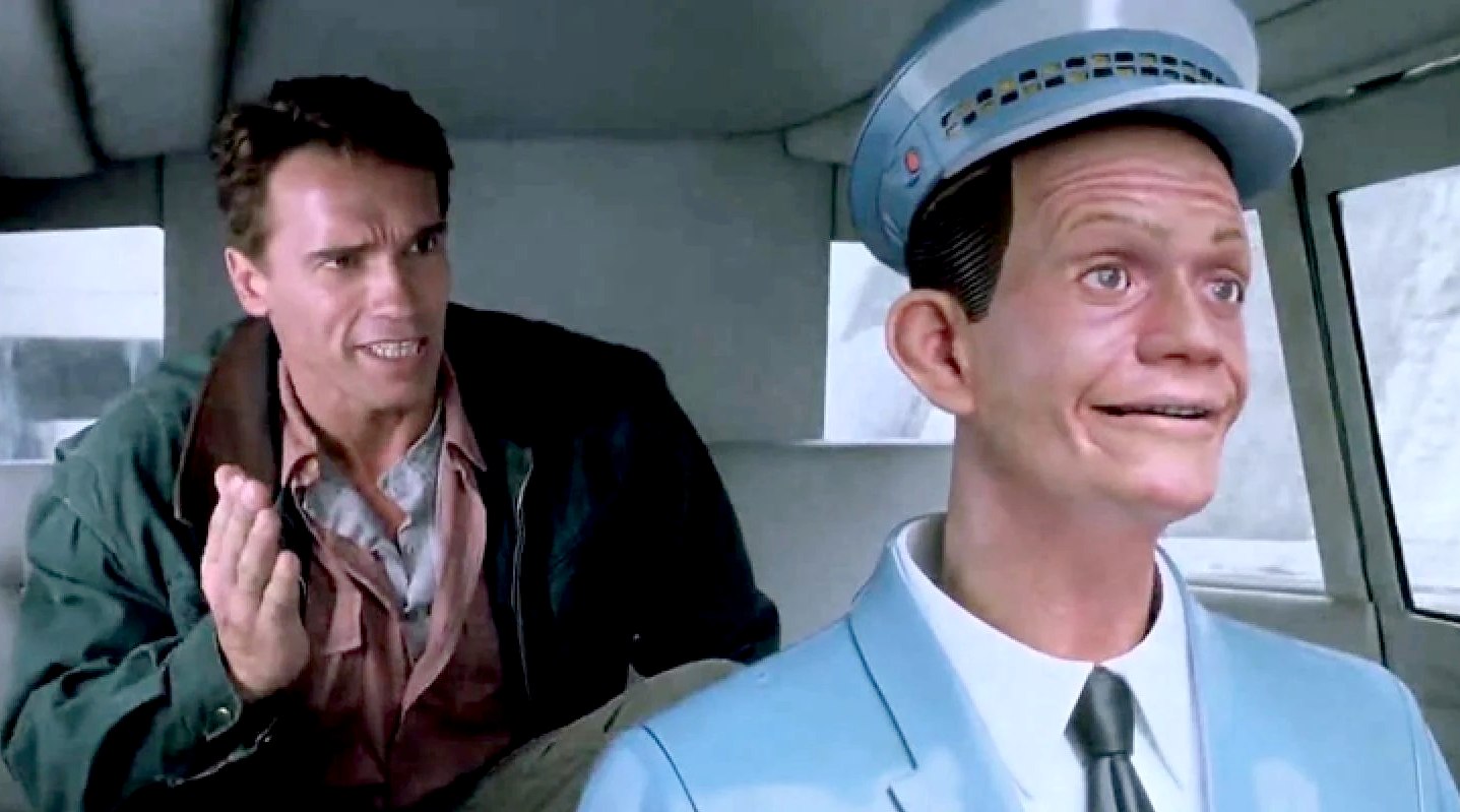 Arnold Schwarzenegger riding in a Johnny Cab, Total Recall 1990